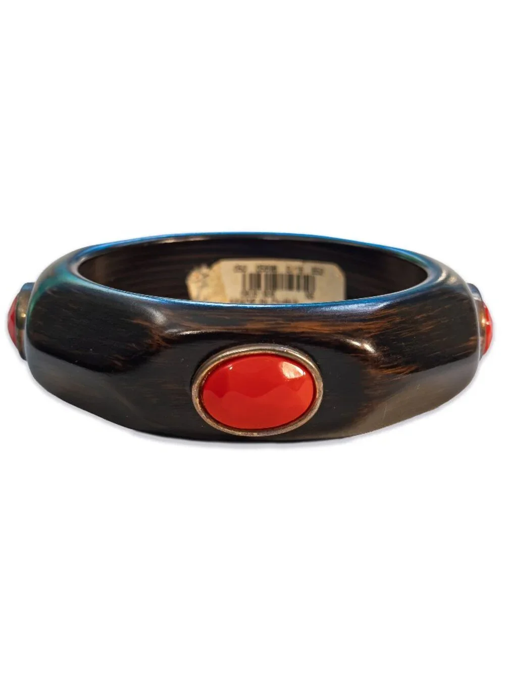 Lucite Faux Wood Bangle Fashion Bracelet with Red Cabochon Inlays